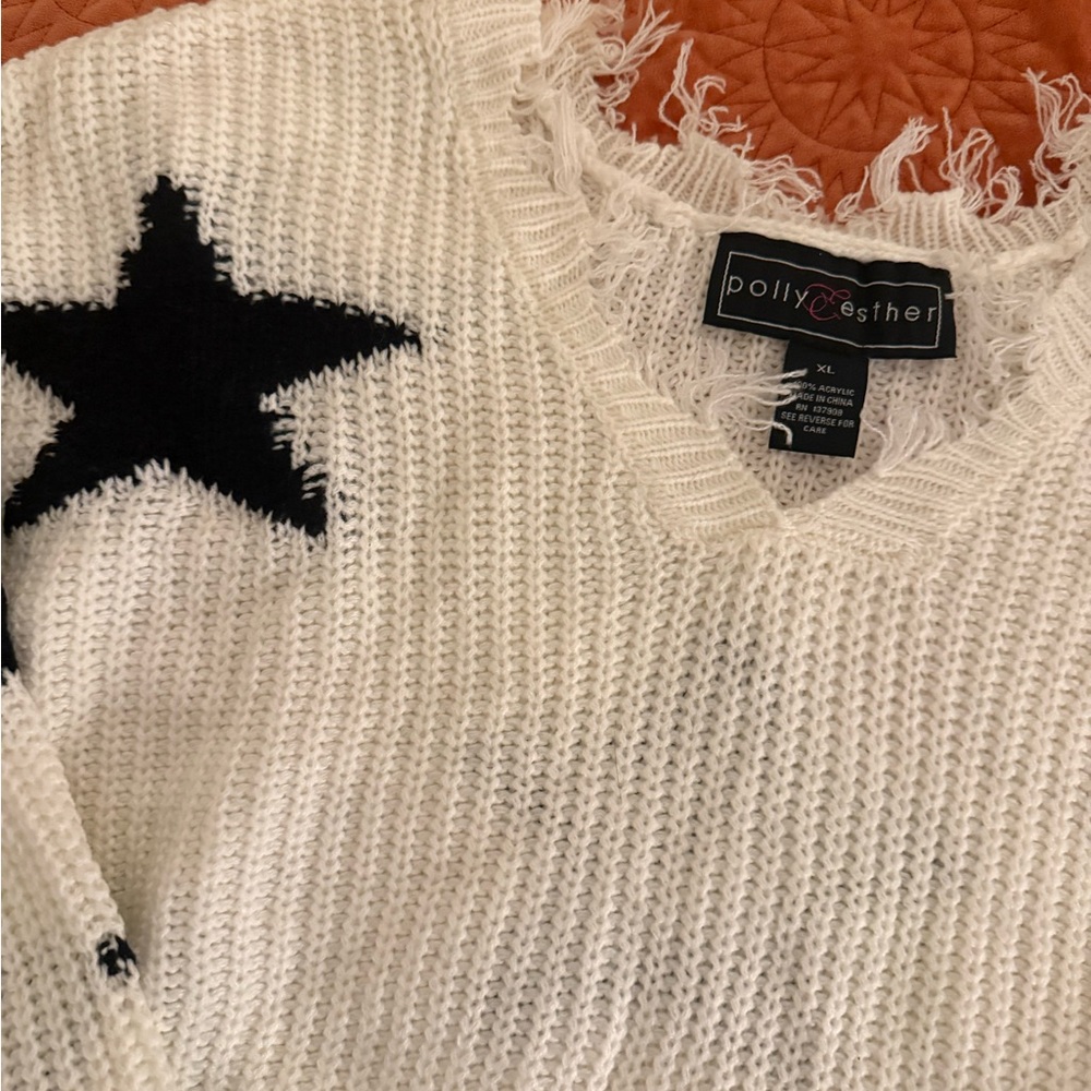 Distressed Oversized White Sweater with Black Stars - Picture 2 of 3
